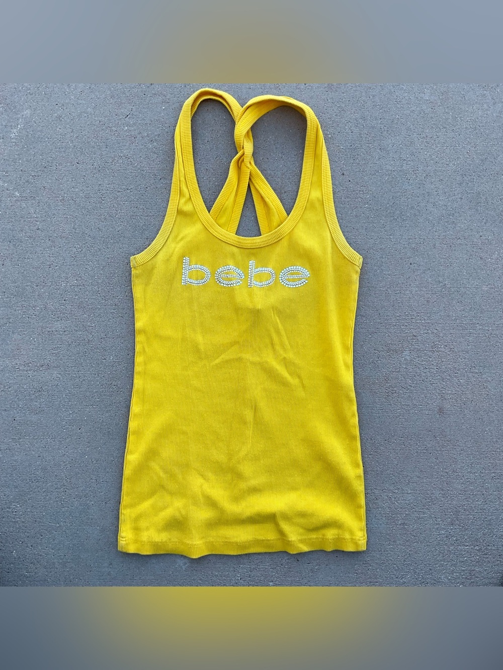 Y2K Bebe yellow tank top with rhinestone logo Size M